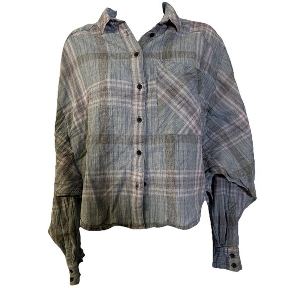 Free People Womens Muslin Guaze Plaid Button Down Shirt Size 10 Cropped Grunge - Picture 1 of 5